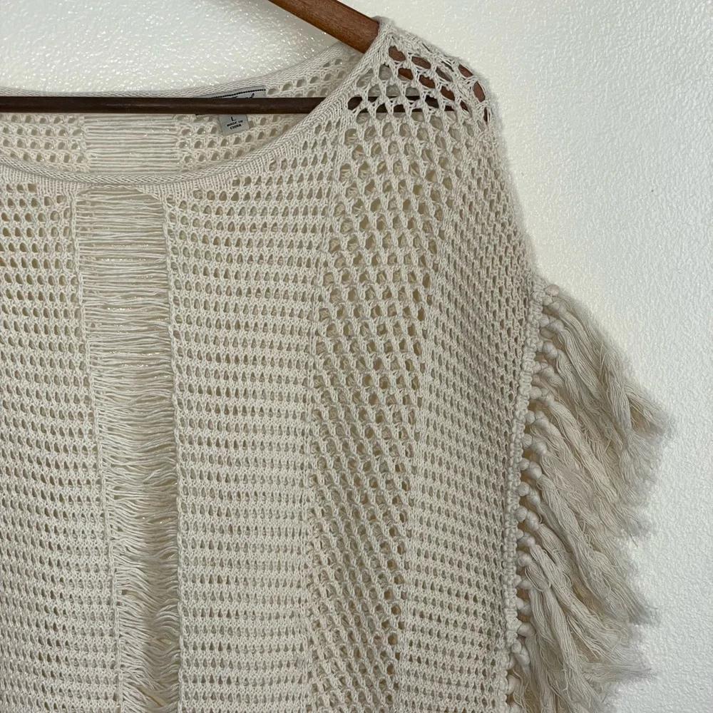 Lucky Brand L Cream Open Knit Fringe Boho Sleeveless Sweater - Picture 3 of 9